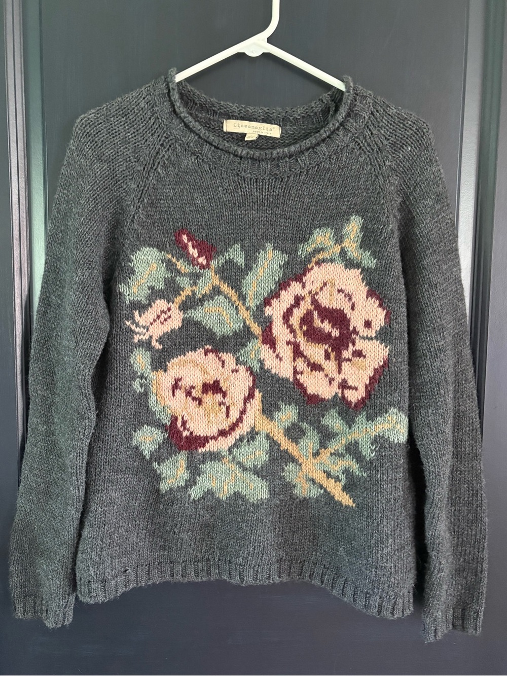 Lineamaglia Italy Charcoal Gray Floral Rose  Sweater Large Wool Alpaca Blend